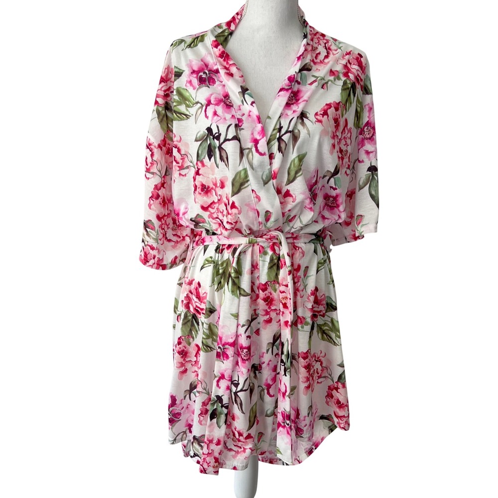 Show Me Your Mumu Floral Robe Women OS White Pink Boho Bridal Loungewear